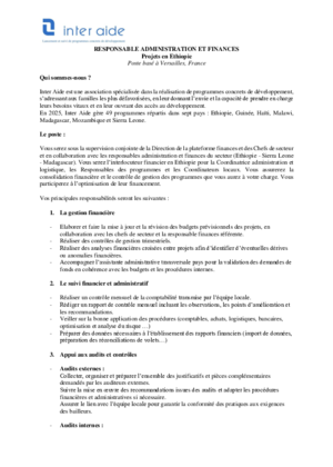 Couverture de Responsable Administratif et Financier projet Ethiopie au siège à Versailles