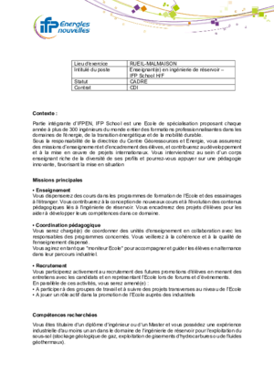 Couverture de Enseignant en ingénierie de réservoir – IFP School H/F Rueil Malmaison